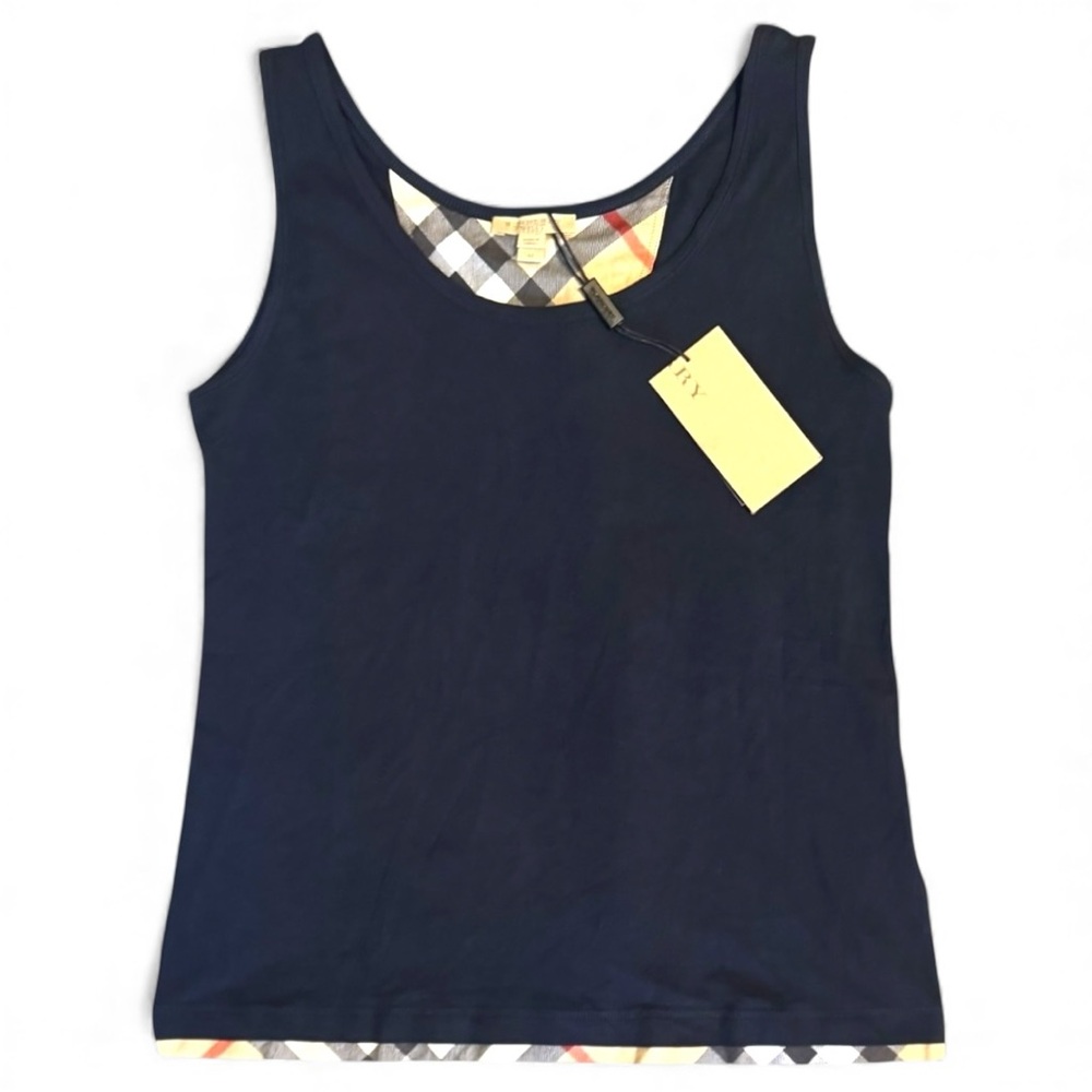 NWT Burberry Brit Navy Blue Nova Check Trim Tank Top Shirt M Holiday Gift Ready - Picture 3 of 7